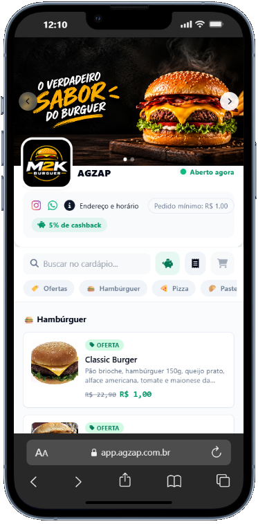 Cardápio digital do módulo Delivery aberto no celular, com banner, categorias e produtos